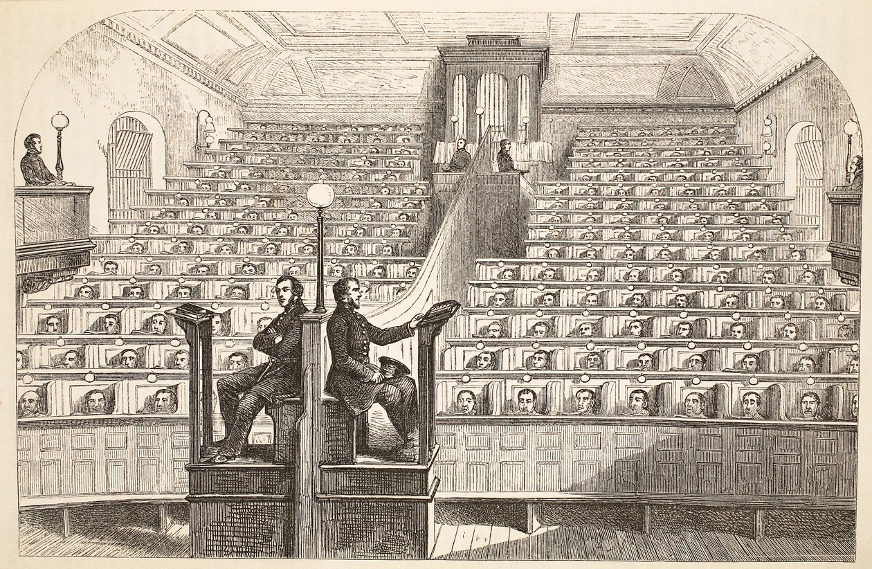 Kapellet, på det separate systemet, i Pentonville Prison, under gudstjeneste, illustrasjon fra The Criminal Prisons of London og Scenes from Prison Life av Henry Mayhew og John Binny, pub. 1862 av English School