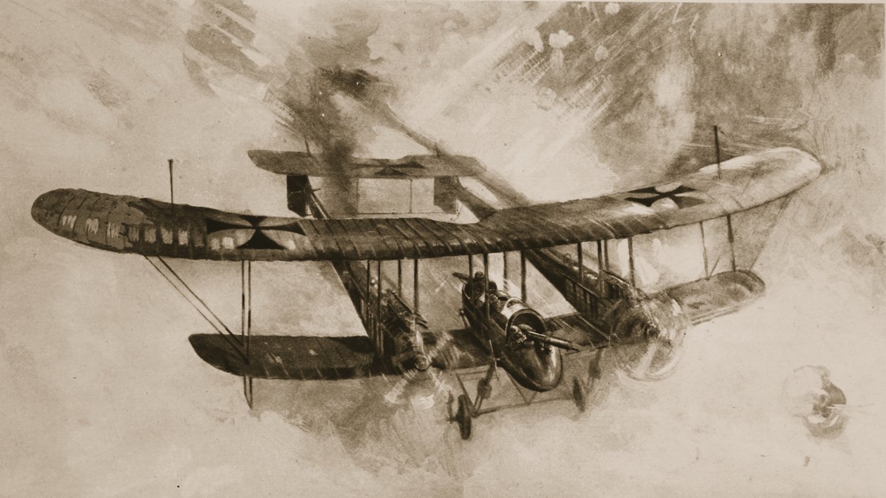 Komme av det store kampflyet: det dobbelte tyske biplanet som britiske flyvere har engasjert, fra The Illustrated War News av English School