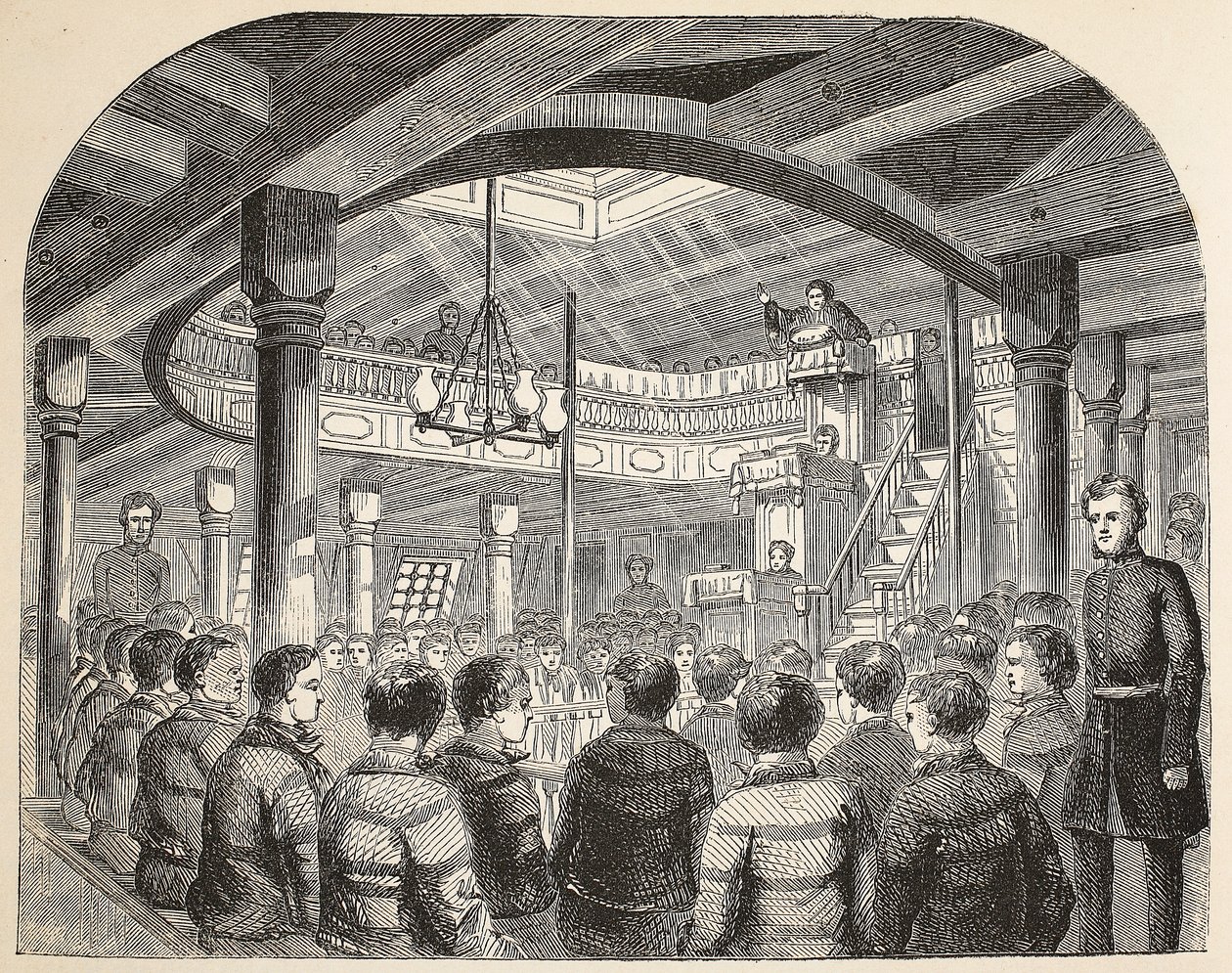 Fangekapellet om bord på Defense Hulk i Woolwich, illustrasjon fra The Criminal Prisons of London og Scenes from Prison Life av Henry Mayhew og John Binny, pub. 1862 av English School