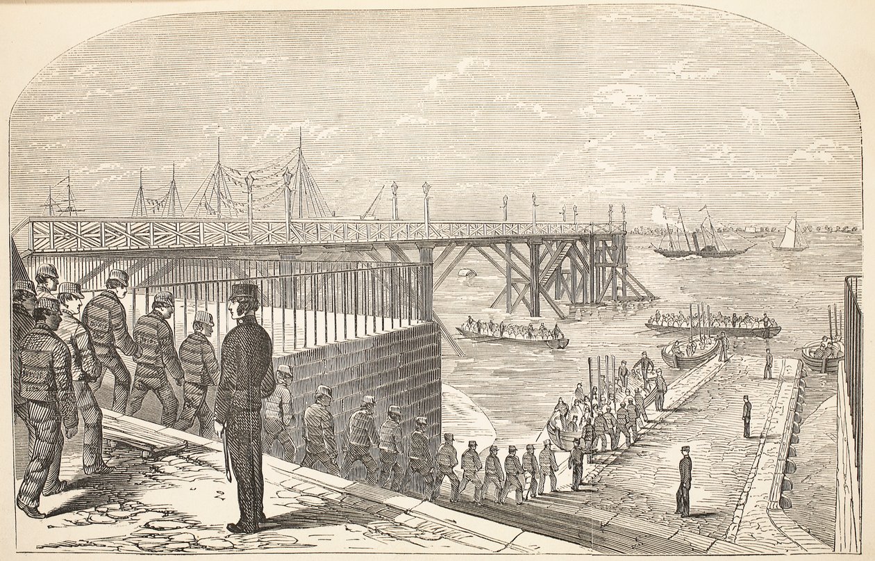 Domfelte som vender tilbake til hulkene fra deres arbeid i Arsenal, illustrasjon fra The Criminal Prisons of London og Scenes from Prison Life av Henry Mayhew og John Binny, pub. 1862 av English School