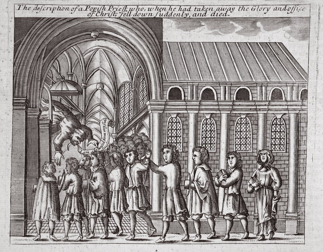 Beskrivelsen av en paveprest som, da han hadde tatt bort Kristi herlighet og embete, plutselig falt ned og døde, illustrasjon fra Acts and Monuments av John Foxe, niende utgave, pub. 1684 (l av English School
