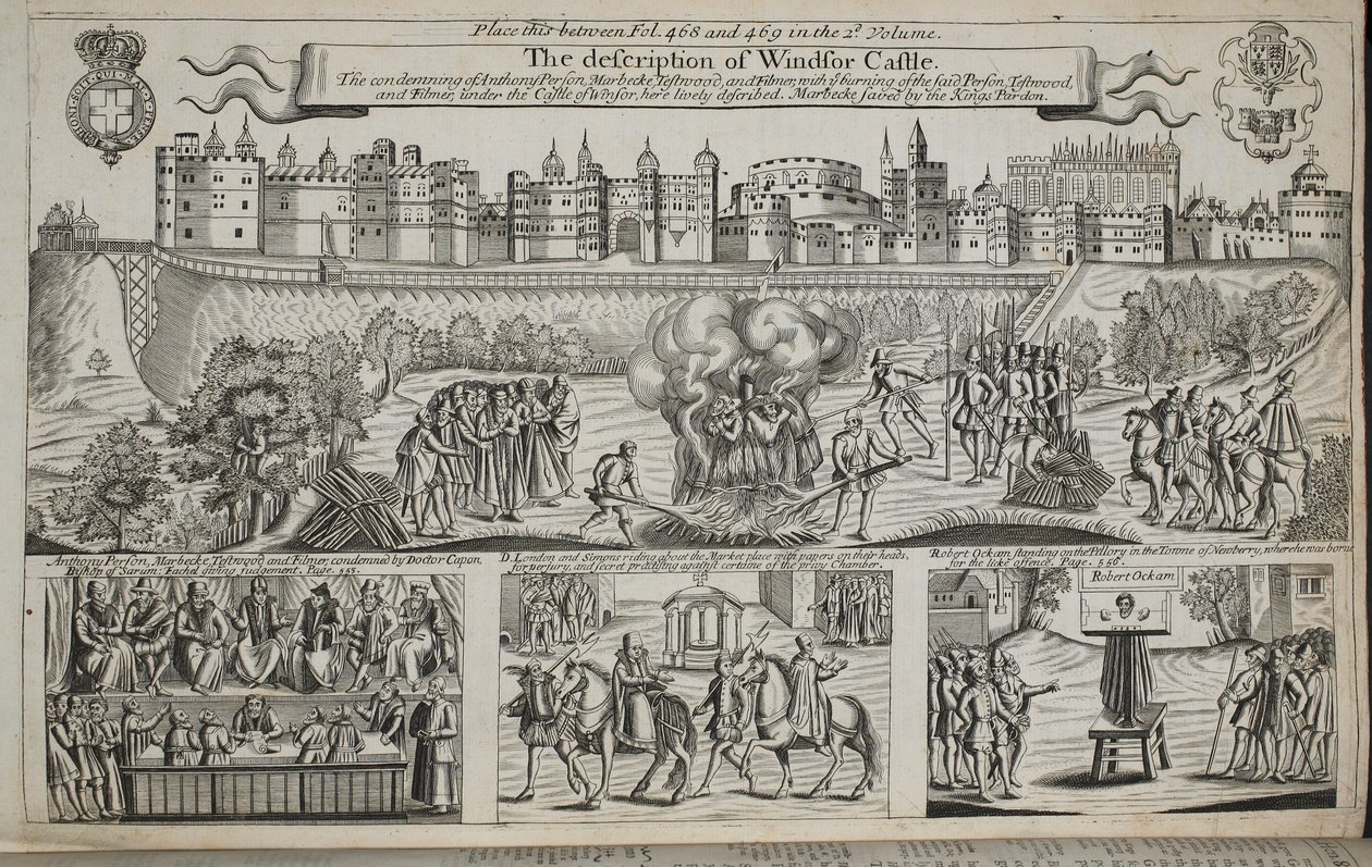 Beskrivelsen av Windsor Castle, illustrasjon fra Acts and Monuments av John Foxe, niende utgave, pub. 1684 av English School