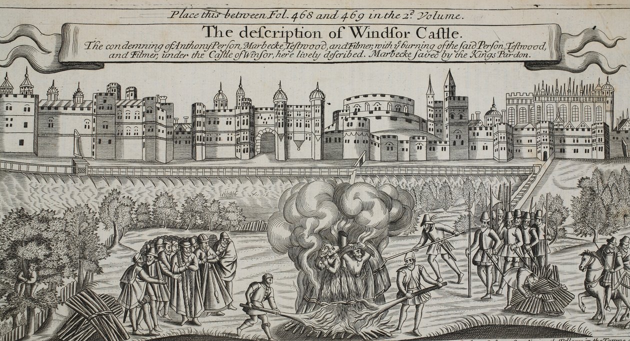 Beskrivelsen av Windsor Castle, illustrasjon fra Acts and Monuments av John Foxe, niende utgave, pub. 1684 av English School