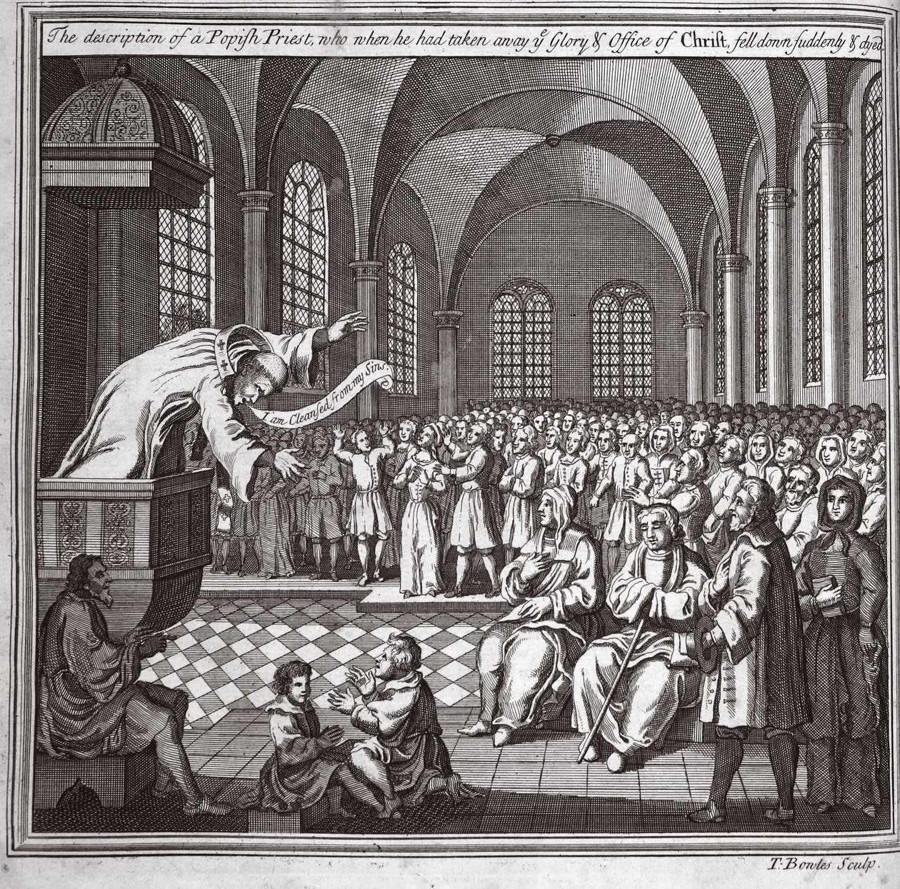 Beskrivelsen av en paveprest, som da han hadde tatt fra dere Kristi ære og embete, plutselig falt ned og døde, illustrasjon fra Foxes Martyrs ca. 1703 av English School
