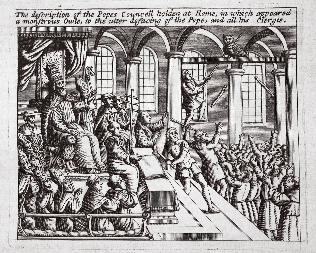 Beskrivelsen av paverådet holdt i Roma, der en monstrøs ugle dukket opp, til fullstendig vanskjønnelse av paven og hele hans presteskap, illustrasjon fra Acts and Monuments av John Foxe, niende utg. av English School