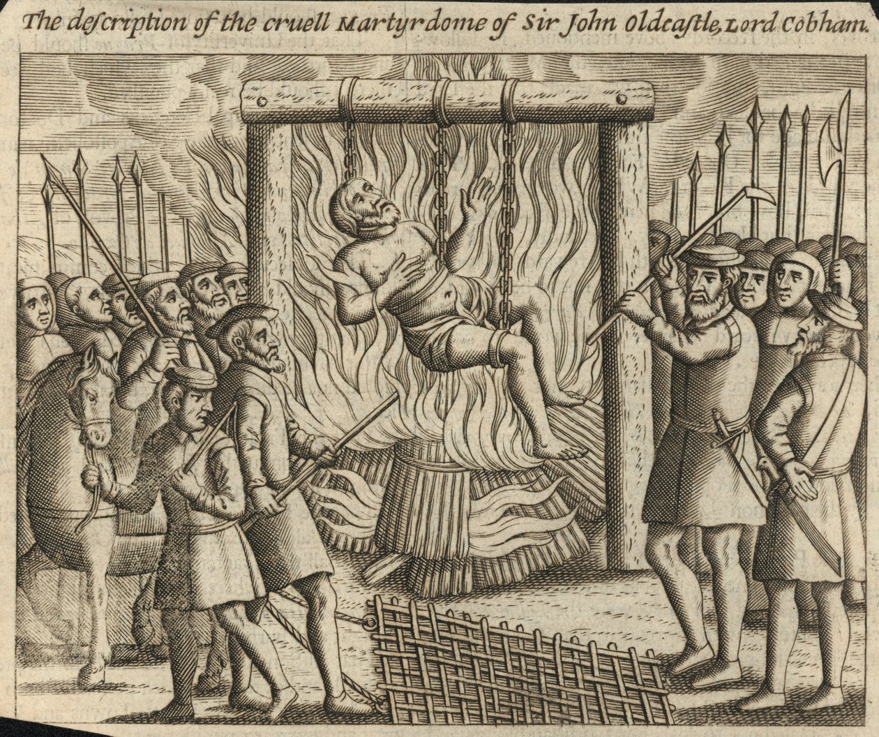 Beskrivelsen av Sir John Oldcastles, Lord Cobhams, grusomme martyrium (gravering) av English School