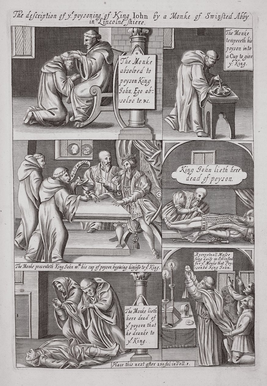 Beskrivelsen av forgiftningen av kong John av en munk fra Swinstead Abbey i Lincolnshire, illustrasjon fra Acts and Monuments av John Foxe, niende utgave, pub. 1684 av English School