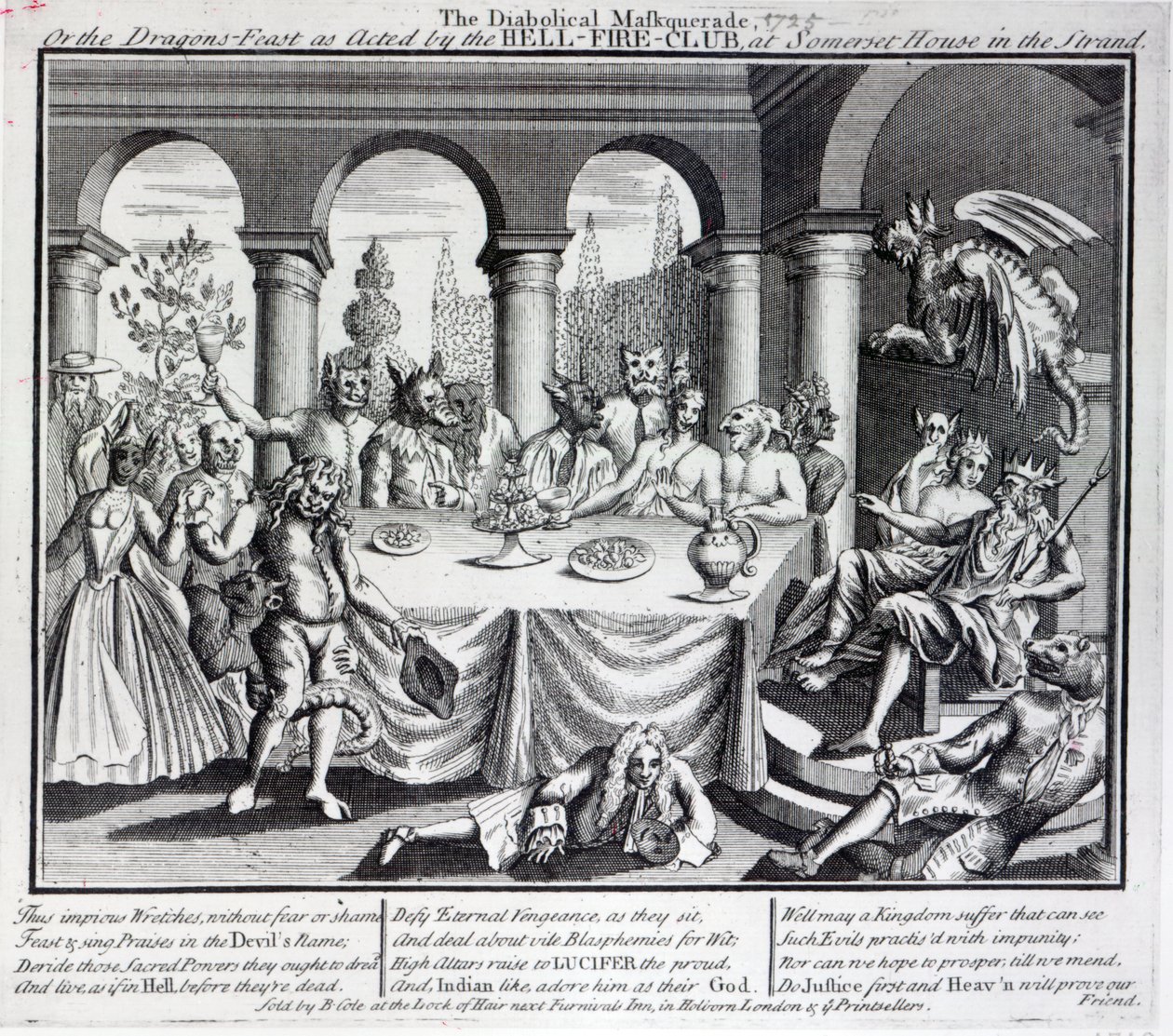 Den djevelske maskerade, eller drage-festen som utført av Hell-Fire-Club, ved Somerset House i Strand, ca. 1721 av English School