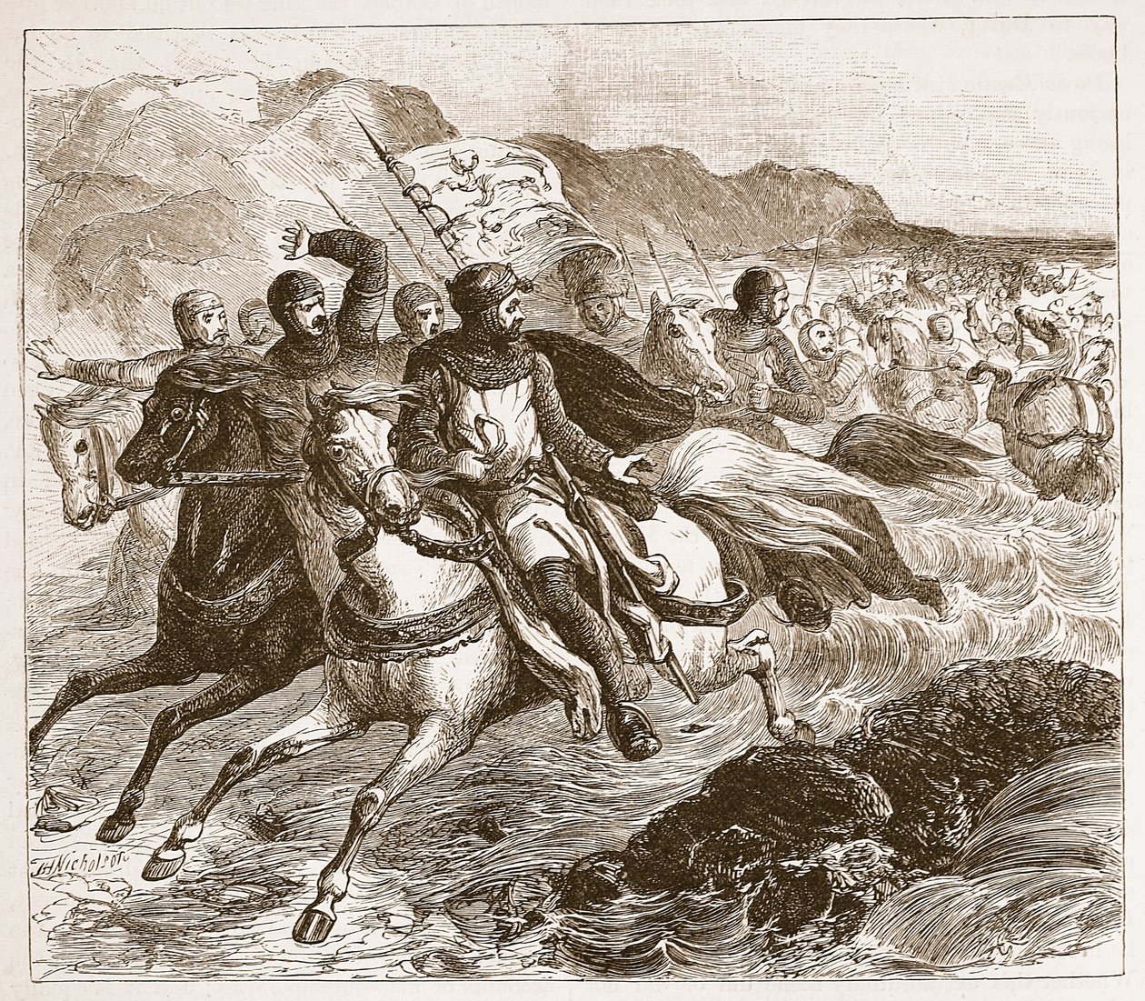 Katastrofen for Johns hær ved Wash, illustrasjon fra Cassells Illustrated History of England (sepia-bilde) av English School