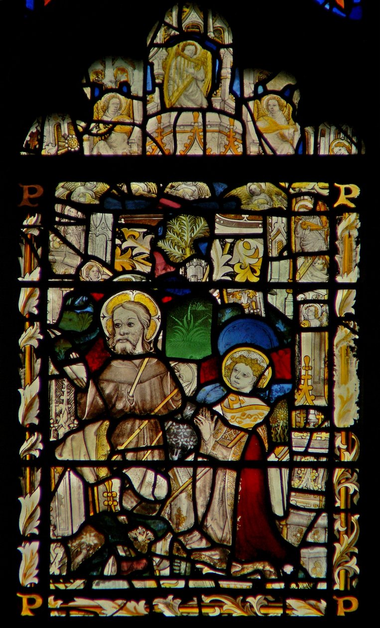 Østvinduet som viser St Francis mottar stigmata; englemusikere i kalesjen av English School