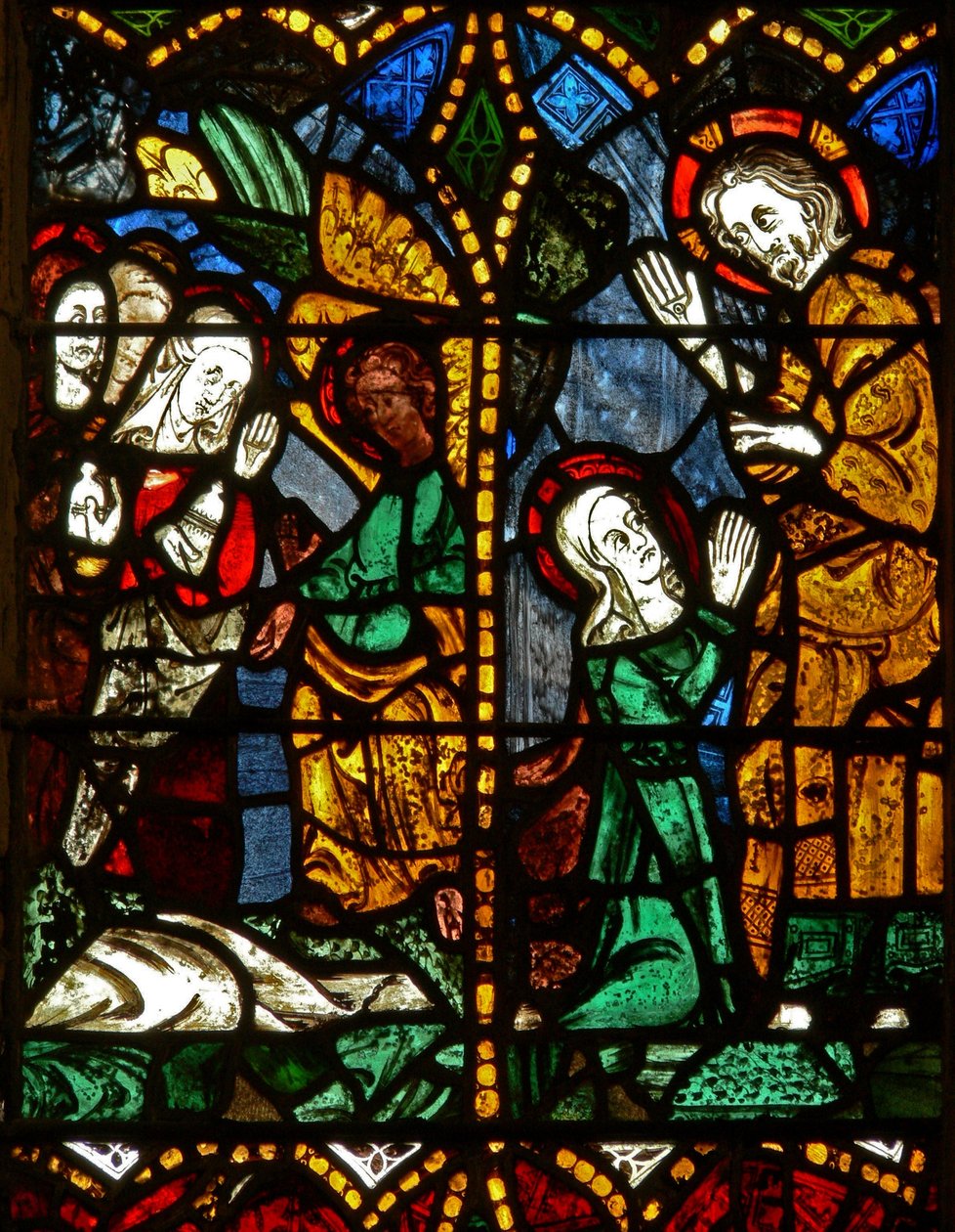 Østvinduet som viser en oppstandelsesscene: de hellige kvinnene ved graven; Maria Magdalena med Kristus? av English School