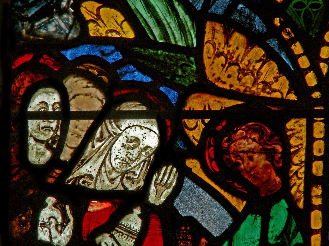 Østvinduet som viser en oppstandelsesscene: de hellige kvinnene ved graven; Maria Magdalena med Kristus? av English School