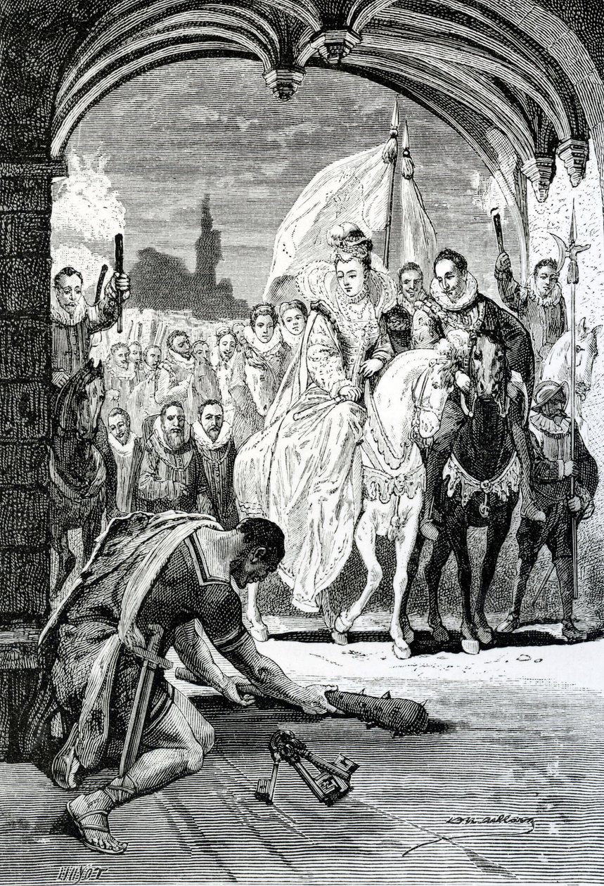 Inngangen til dronning Elizabeth ved Kenilworth Castle, 1800-tallet av English School