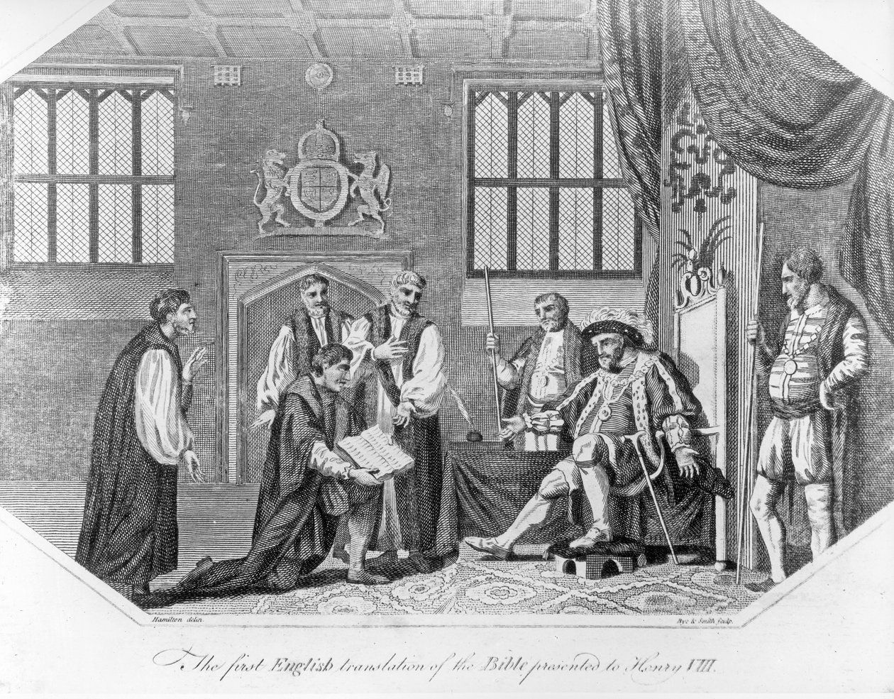 Den første engelske oversettelsen av Bibelen presentert for Henry VIII, 1824 av English School