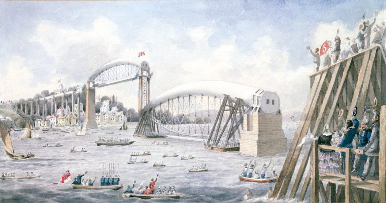 Flytingen av det siste spennet til Royal Albert Bridge, Saltash (wc på papir) av English School