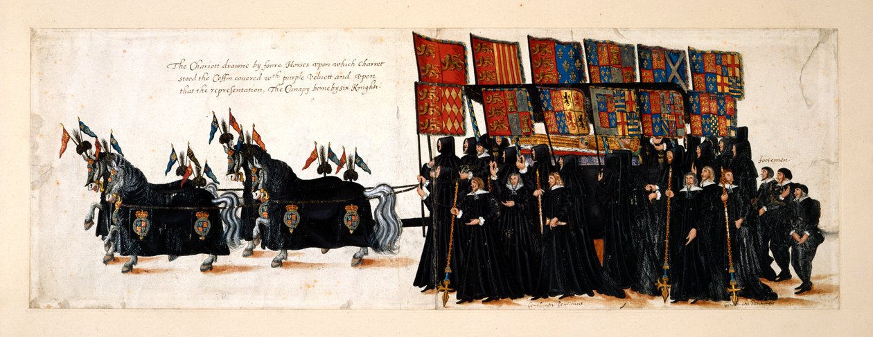 Dronning Elizabeth I's begravelsesprosesjon til Westminster Abbey, 28. april 1603. Vognen er trukket av fire hester. Kisten er dekket av lilla fløyel som ligger et bilde av dronningen. Baldakinen er født av seks riddere, med Gentlemen Pensionister av English School