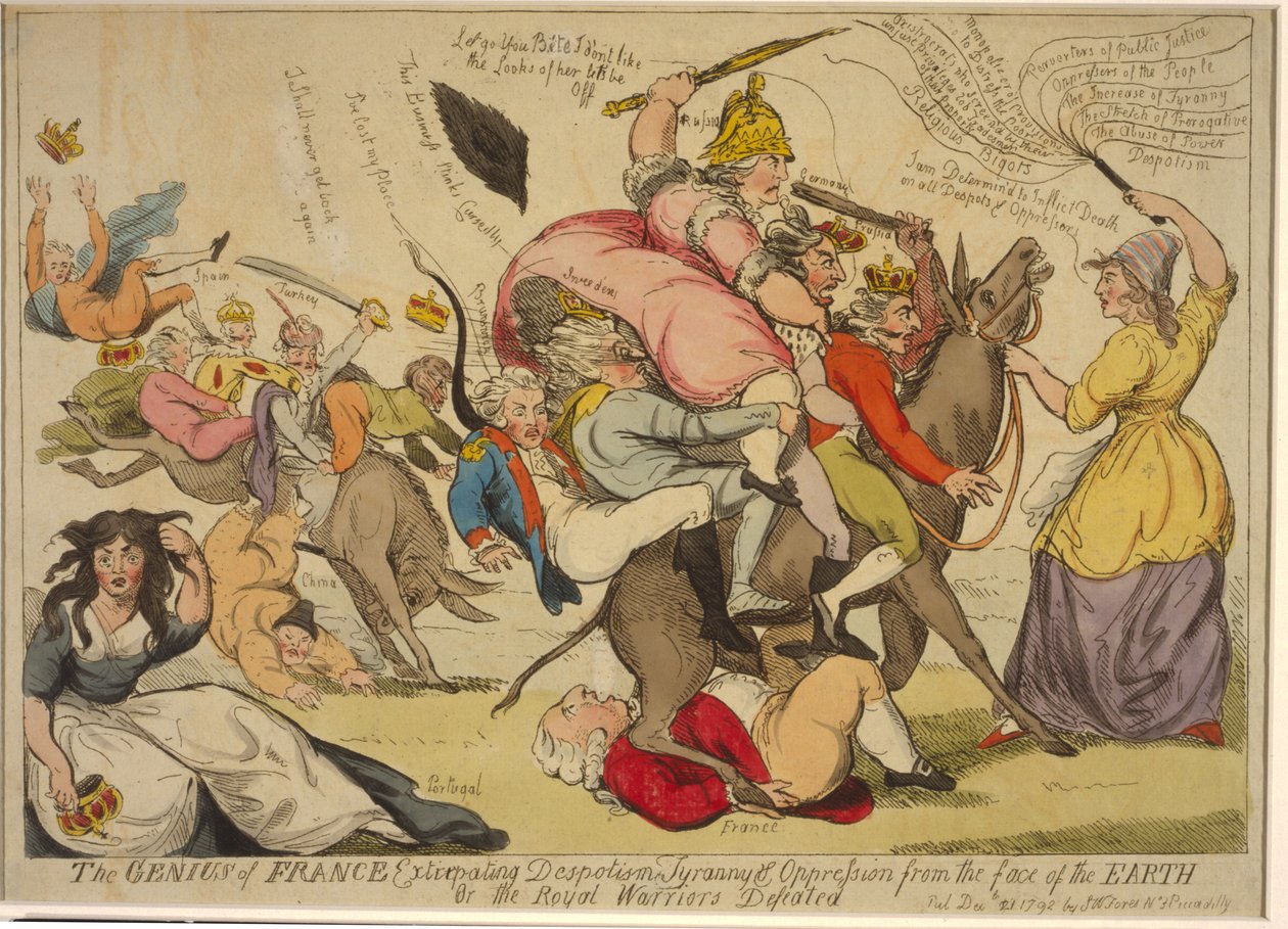 Frankrikes geni som utrydder despotisme, tyranni og undertrykkelse fra jordens overflate, eller de kongelige krigerne beseiret, 1792 (håndfarget etsning) av English School