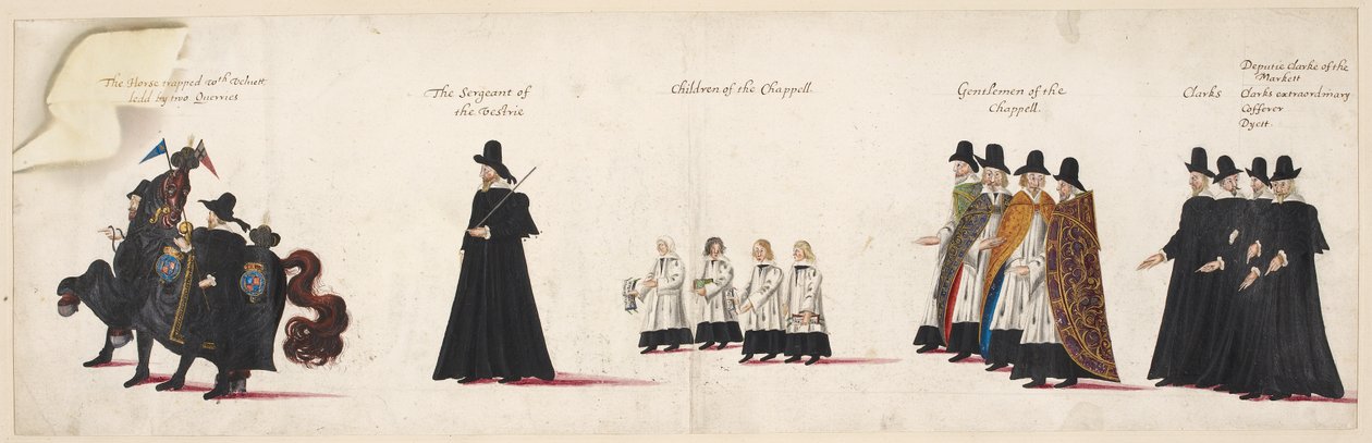 Hesten fanget med fløyel, ledet av to equerries; sersjanten for Vestrie; Barn av Chapel Royal. En del av begravelsesprosesjonen til dronning Elizabeth I til Westminster Abbey, 28. april 1603. av English School