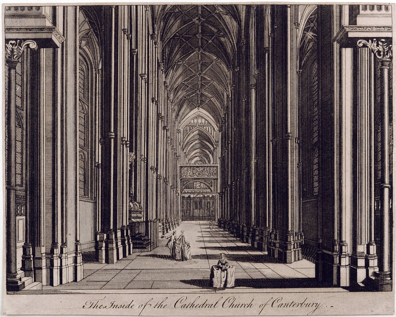 Innsiden av Cathedral Church of Canterbury", med utsikt over skipet, fra vestenden, ca. 1700-43 av English School