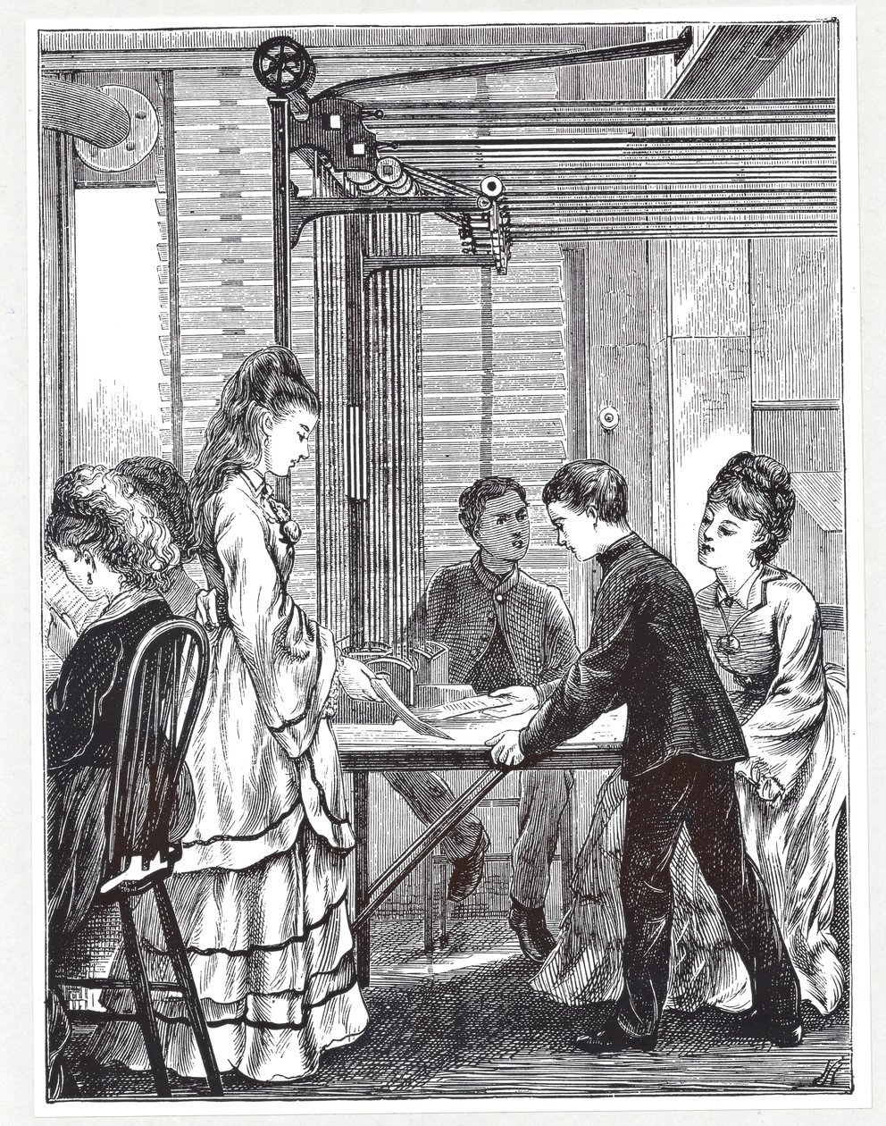 Instrumentene for å bære meldinger ved Post Office Telegraph Headquarters, Telegraph Street, London, fra The Graphic, 1871 av English School