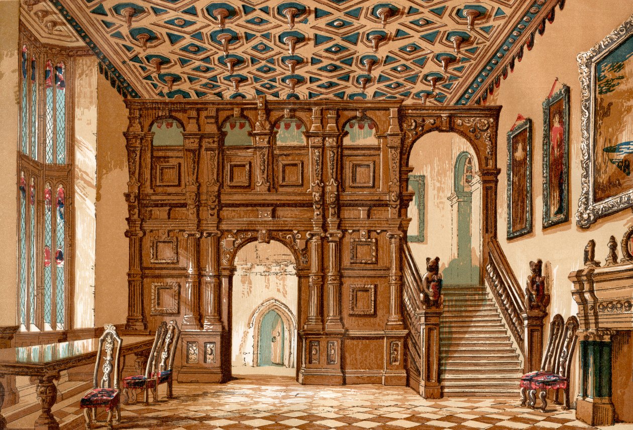 Interiøret i Methley Hall, Yorkshire, England før det ble revet i 1963, fra Old England: A Pictorial Museum, pub. 1847 av English School