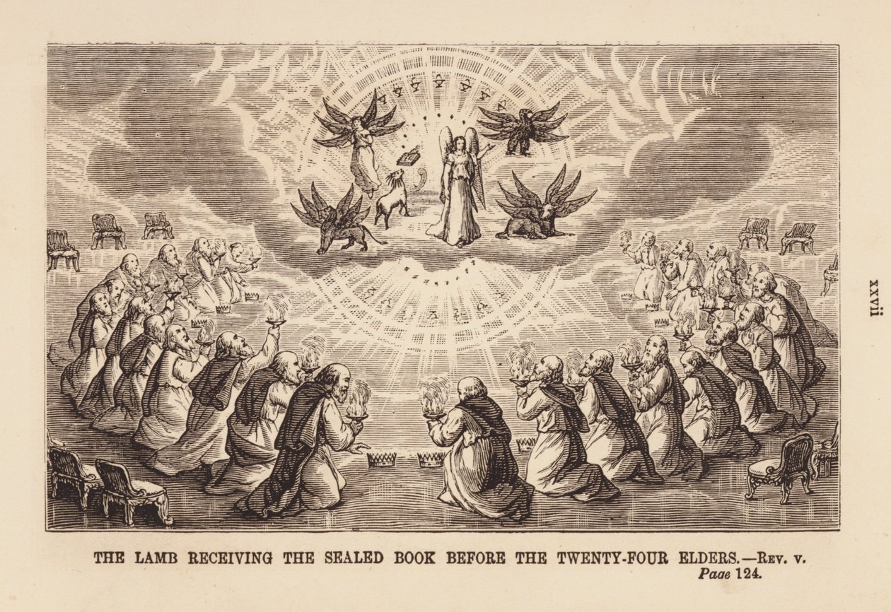 Lammet som mottar den forseglede boken foran de tjuefire eldste (gravering) av English School