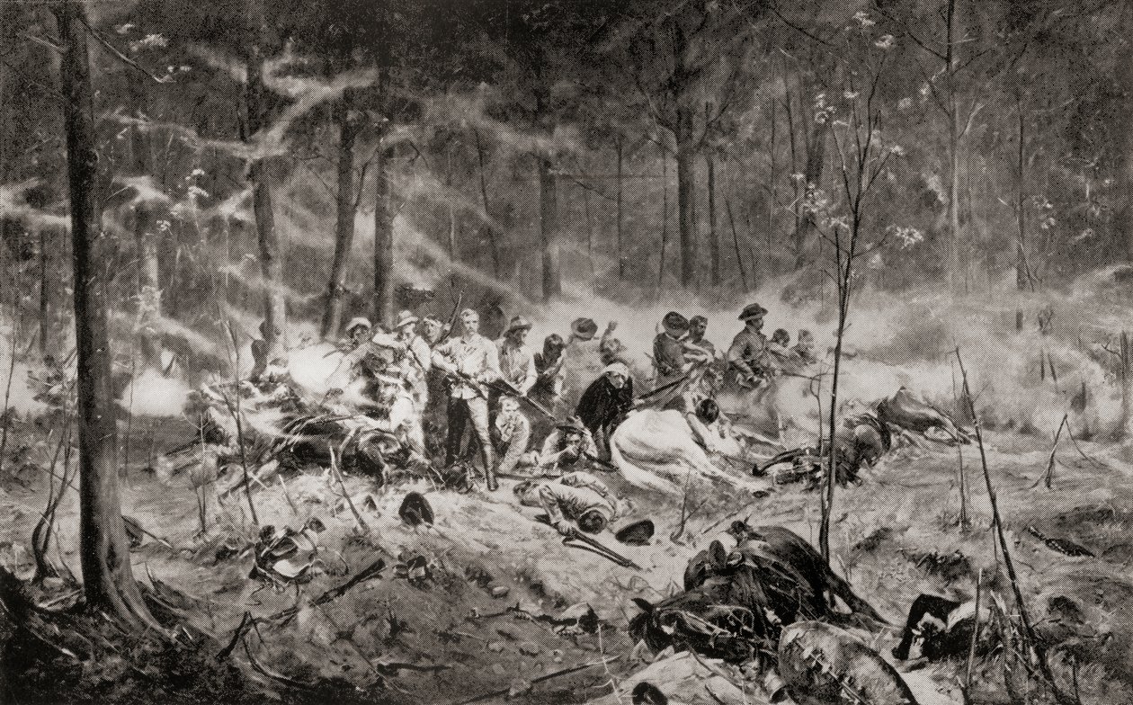 Den siste standen til major Allan Wilson på Shangani-elven, Matabeleland, under den første Matabele-krigen i 1893, etter maleriet av Allan Stewart, fra 'South Africa and the Transvaal War: Vol. 1' av Louis Creswicke, utgitt 1900 (litho) av English School