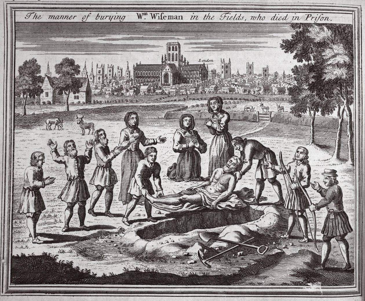 Måten å begrave Wm Wiseman i markene, som døde i fengsel, illustrasjon fra Foxes Martyrs ca. 1703 av English School