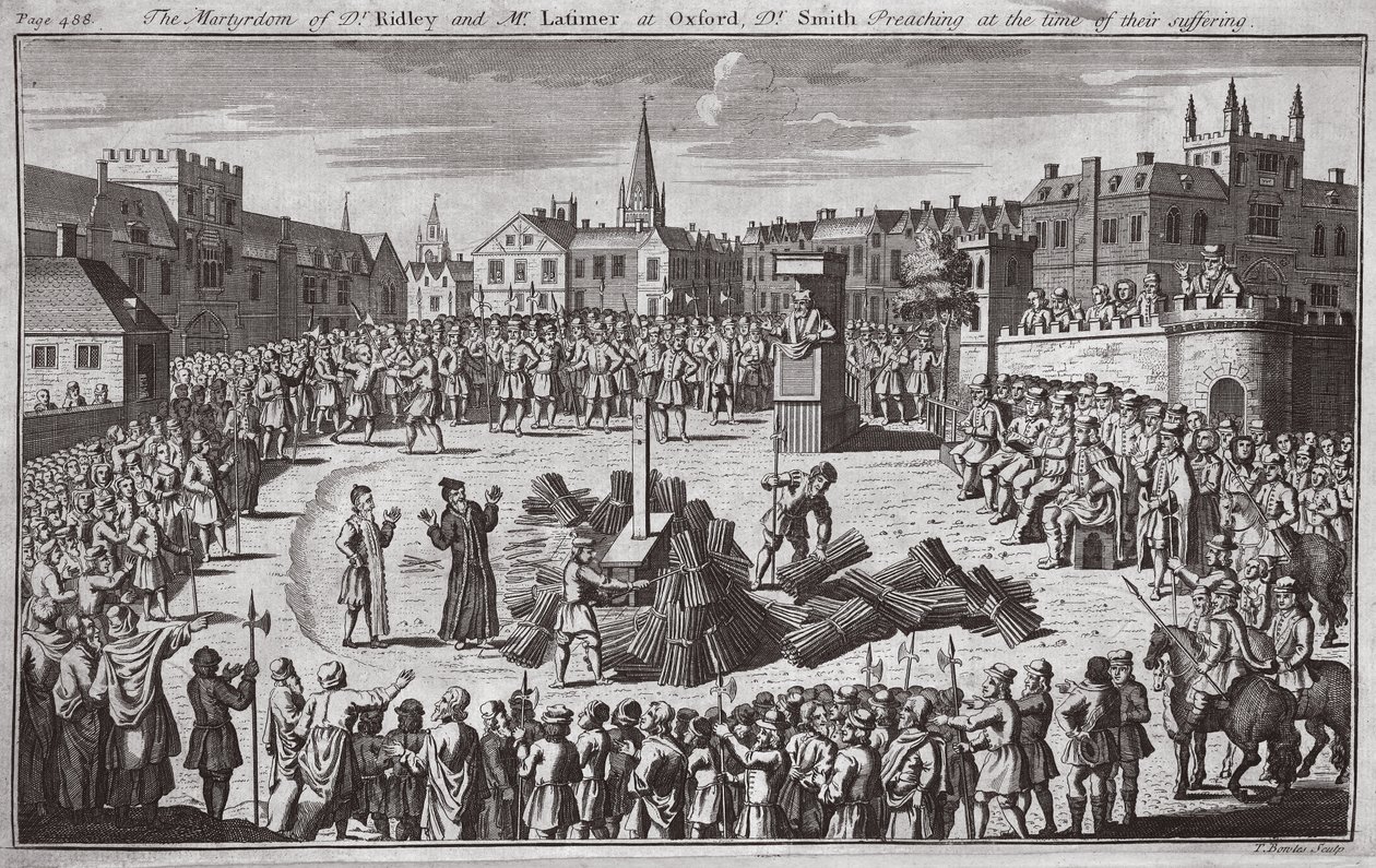 Dr. Ridley og Mr. Latimers martyrdød i Oxford, Dr. Smith preker under deres lidelse, illustrasjon fra «Foxes Martyrs» ca. 1703 (lito) av English School