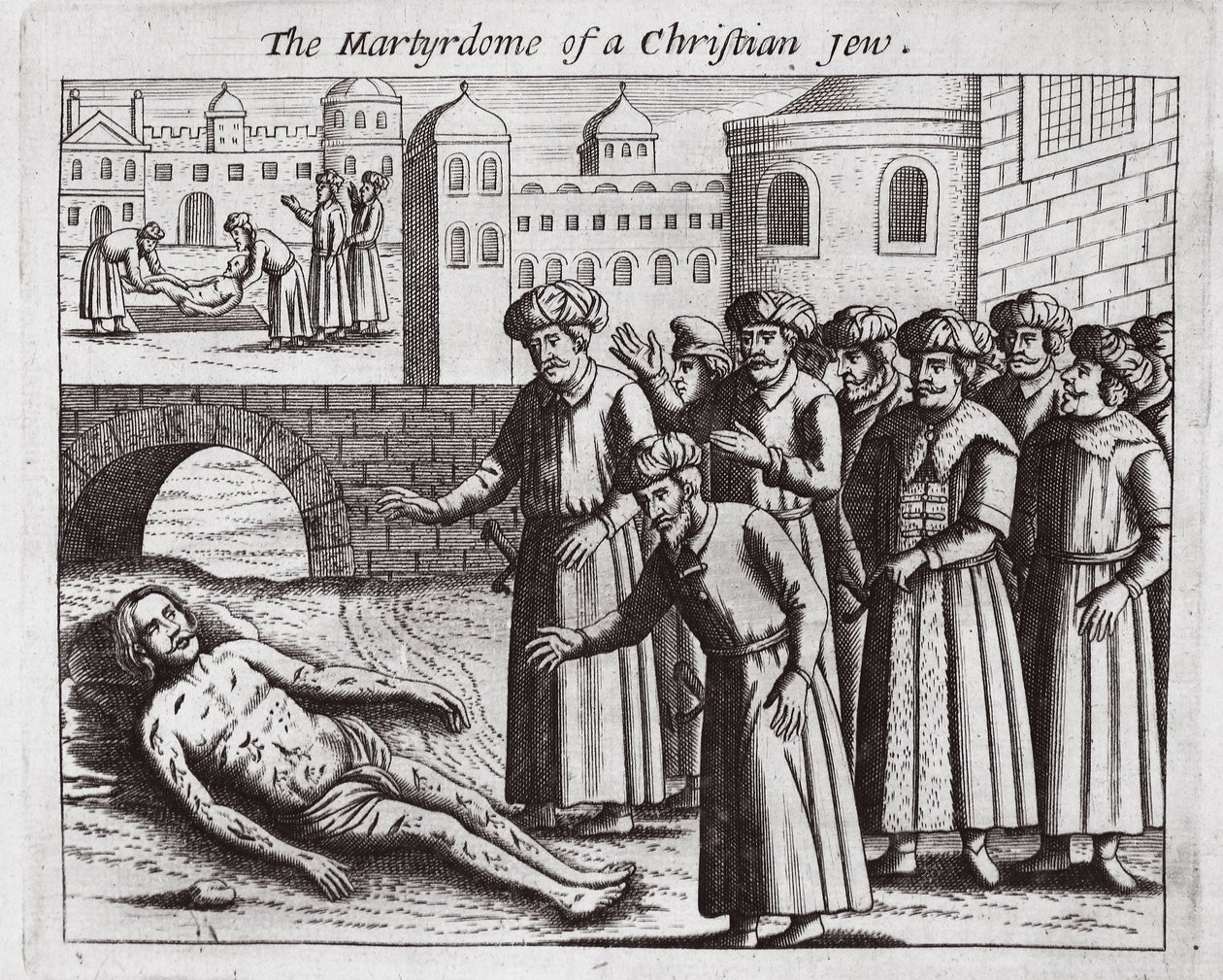 Martyrdøden til en kristen jøde, illustrasjon fra Acts and Monuments av John Foxe, niende utgave, pub. 1684 av English School