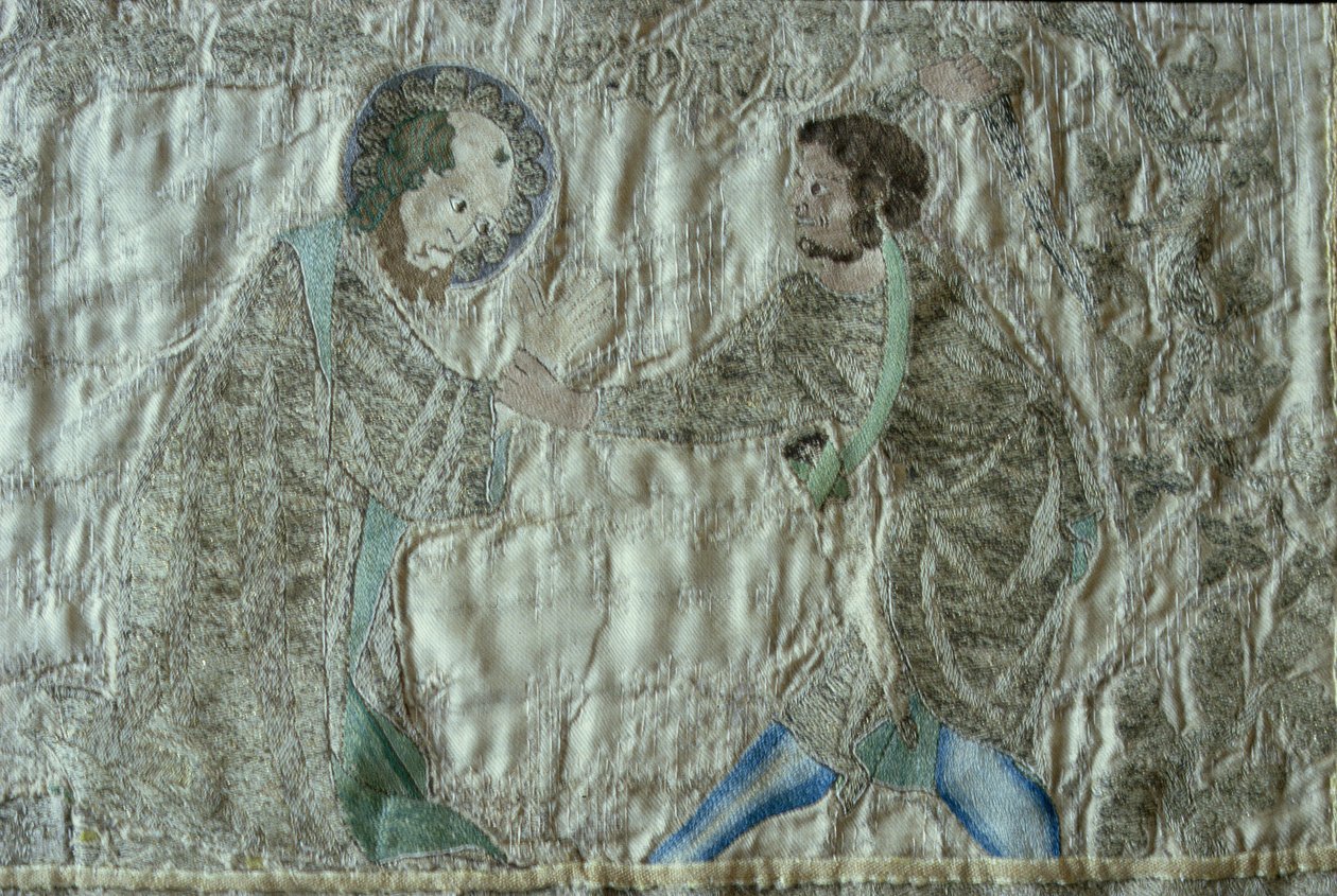 Martyrdøden til en helgen, detalj fra fronten av Steeple Aston Cope, ca. 1340-tallet (forgylt sølvtråd og farget silke på fawn silke twill) av English School
