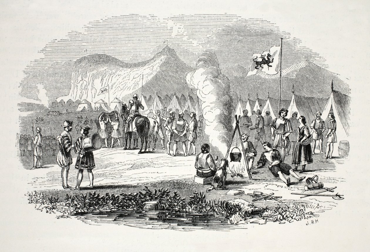 Møtet mellom høvdingene i Nord- og Sør-Wales på Breidden Hills, på vei til Bosworth-field, pub. 1800-tallet (stålgravering) av English School
