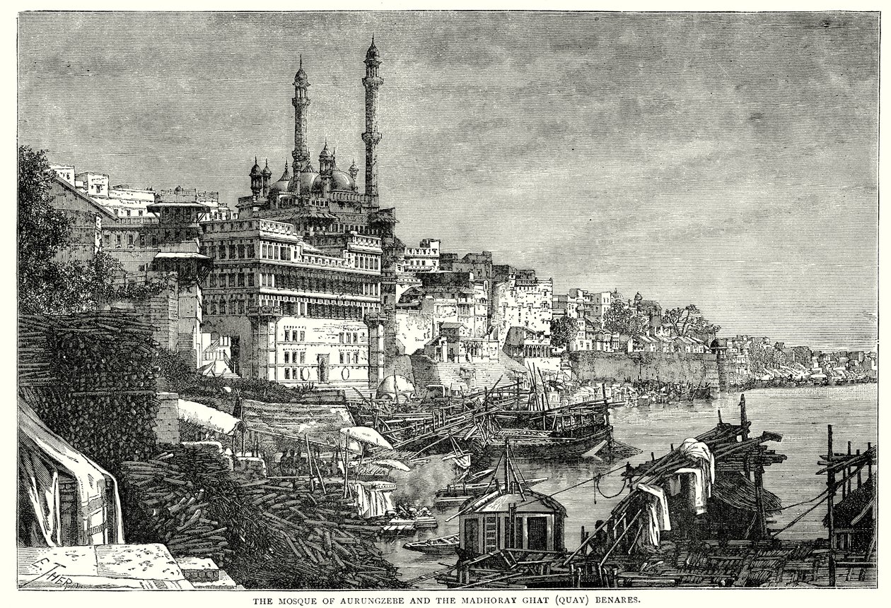 Aurungzebe-moskeen og Madhoray ghat Benares (gravering) av English School