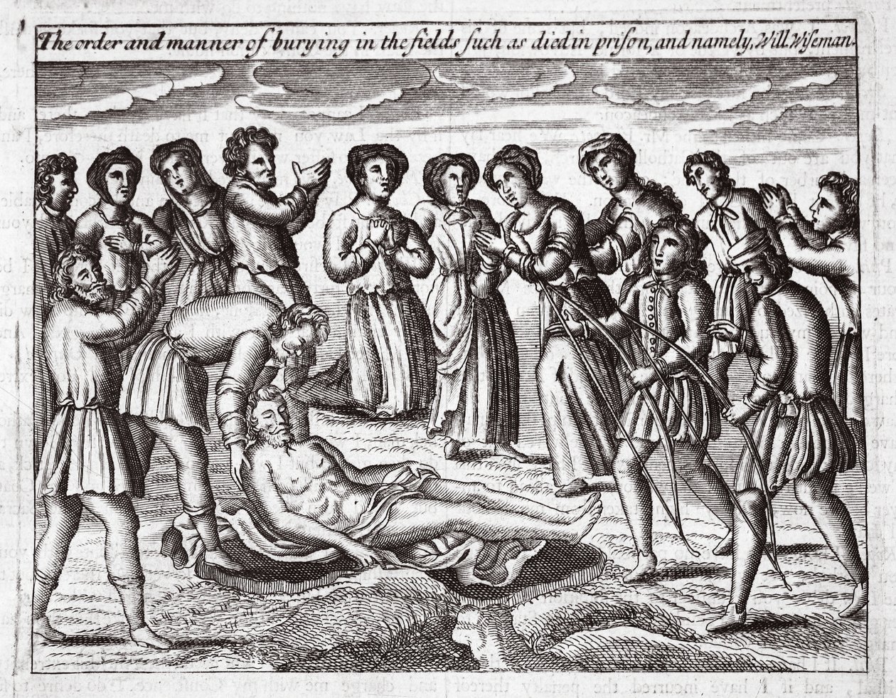 Rekkefølgen og måten å begrave i feltene som døde i fengsel, og nemlig Will Wiseman, illustrasjon fra Acts and Monuments av John Foxe, niende utgave, pub. 1684 av English School