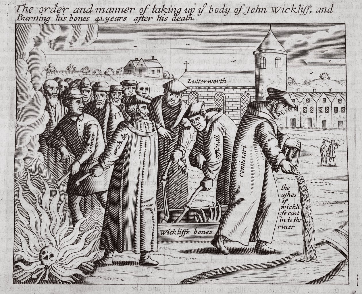 Rekkefølgen og måten å ta opp liket av John Wickliff og brenne beinene hans 44 år etter hans død, illustrasjon fra Acts and Monuments av John Foxe, niende utgave, pub. 1684 av English School