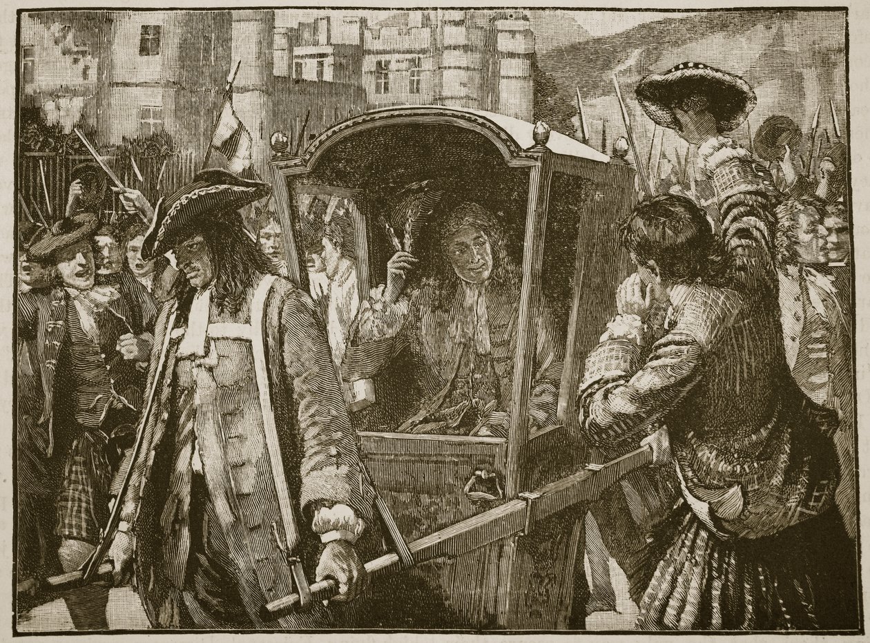 Befolkningen i Edinburgh eskorterer hertugen av Hamilton til Holyrood Palace, illustrasjon fra Cassells Illustrated History of England (sepia-bilde) av English School