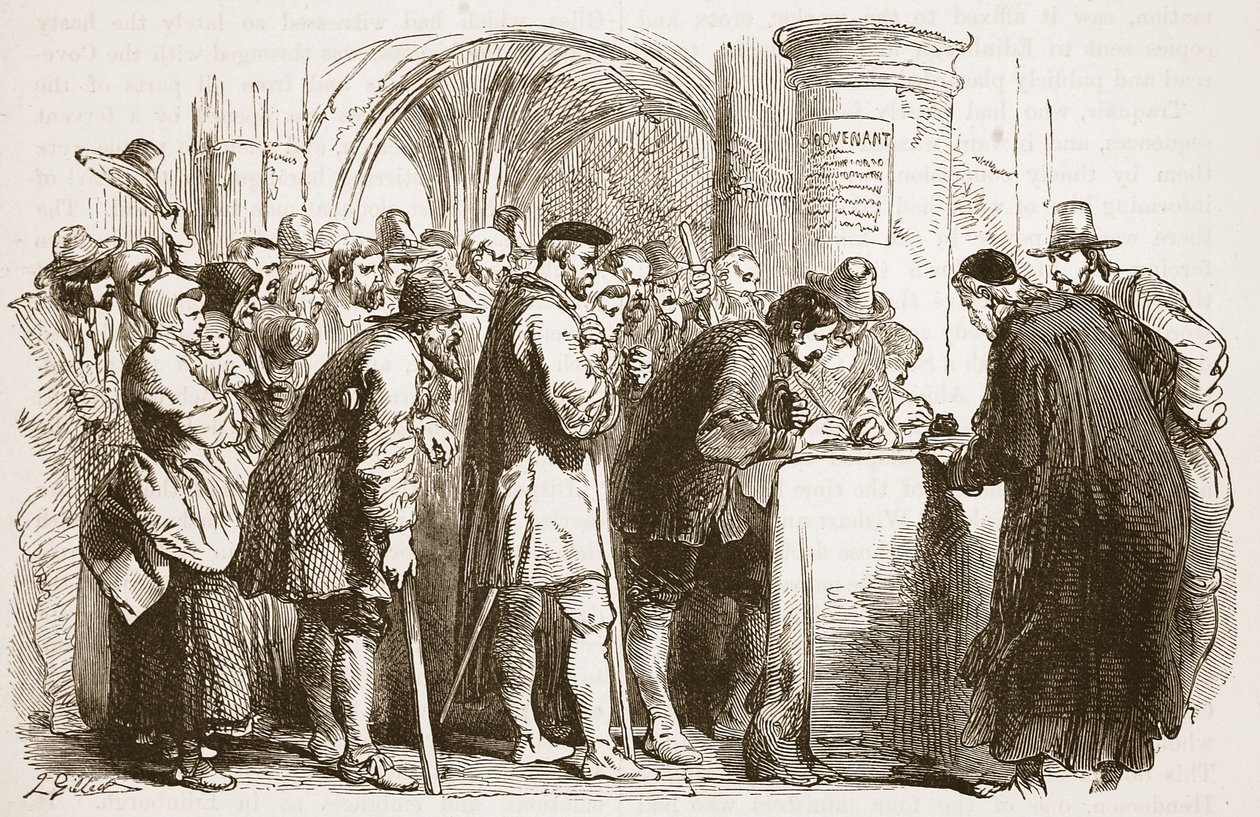 Folket som signerer pakten i St. Giles kirke, Edinburgh, illustrasjon fra Cassells Illustrated History of England (sepiafoto) av English School