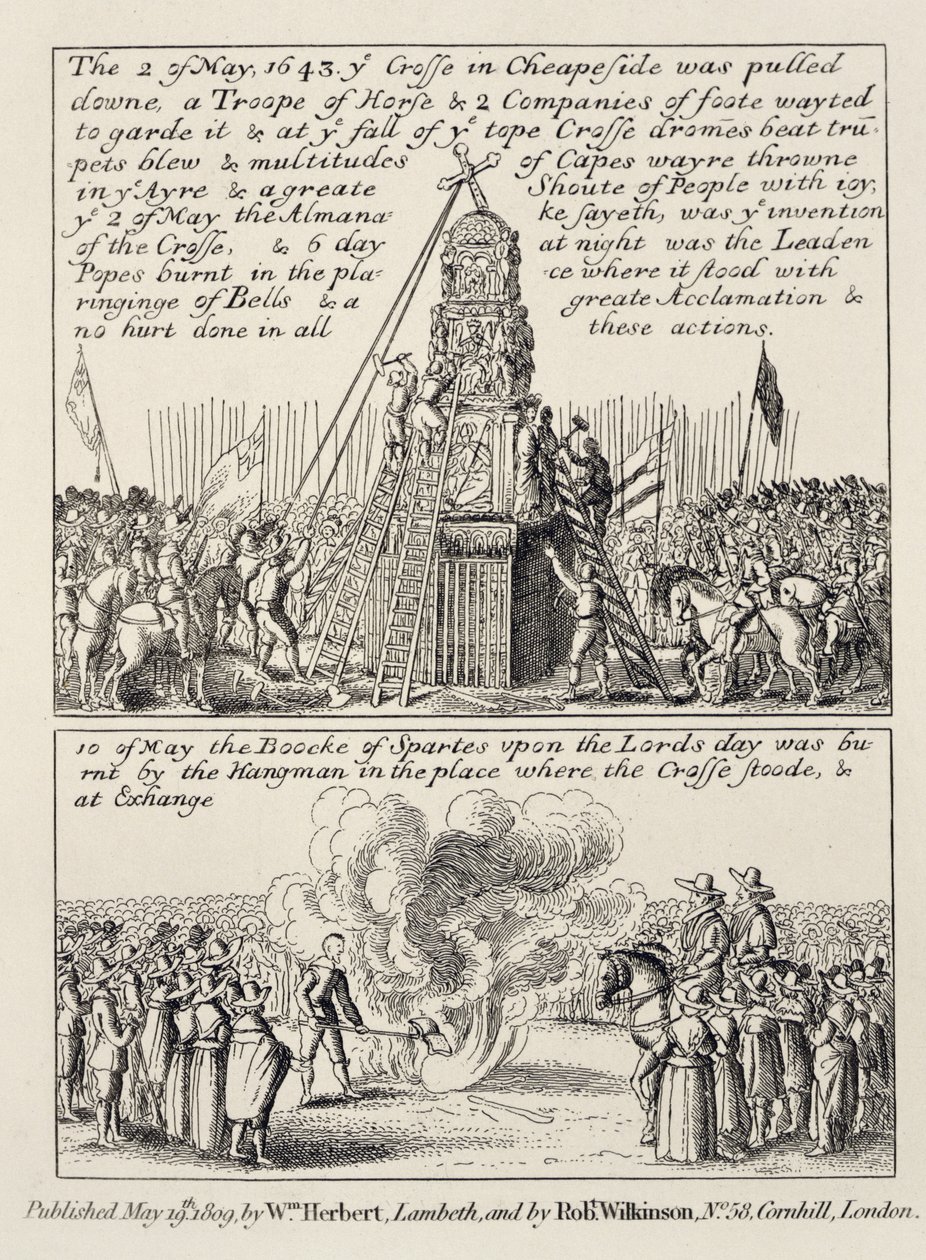 Nedtrekkingen av Cheapside Cross av ikonoklaster og puritanere, og brenning av Book of Sports ved samme sport den påfølgende søndagen i mai 1643, 1809 av English School