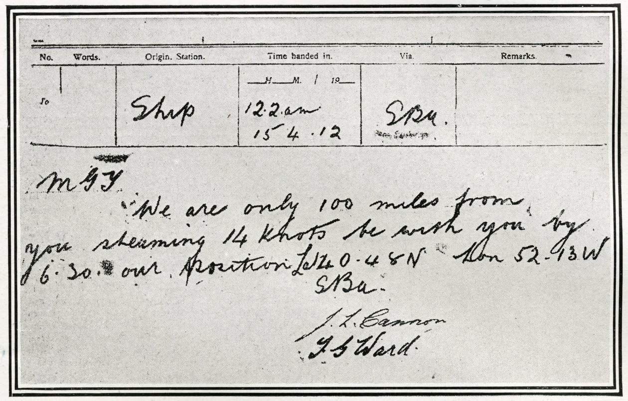 Svaret fra den russiske damperen Birma på Titanics signaler om hjelp, fra 'The Sphere', 4. mai 1912 (litho) (detalj av 450850) av English School
