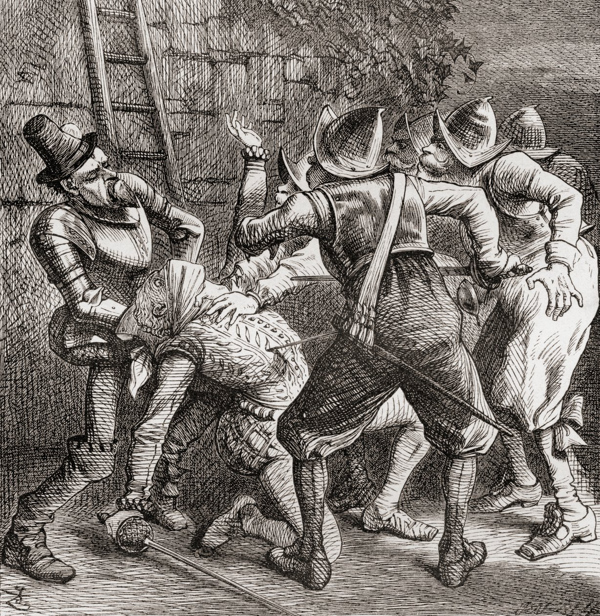 «Resten av kjeltringene hoppet på ham og skjøt ham», illustrasjon etter J. Tenniel til diktet «Tragedien», fra «The Ingoldsby Legends or Mirth and Marvels», av Thomas Ingoldsby, utgitt i 1865 (lito) av English School