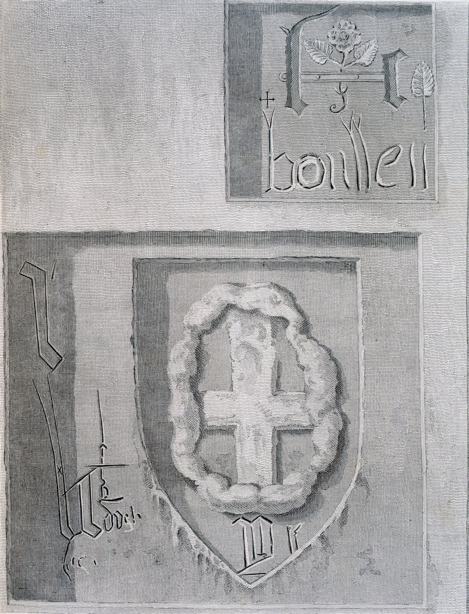 Signaturen til Anne Boleyn med Tudor-rosen under hennes fengsling i Tower of London og andre fanger som skar ut et kors, 1815 av English School