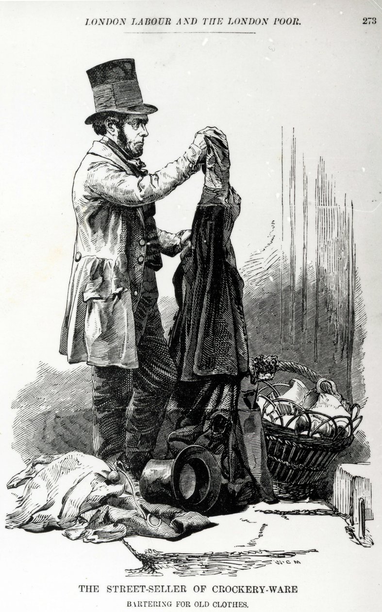 Gateselgeren av servise som byttet for gamle klær, ca. 1840 av English School