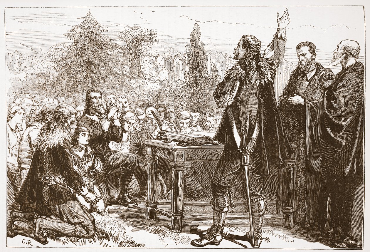 Banningen og tegningen av National Covenant i Greyfriars Churchyard, Edinburgh, illustrasjon fra The History of Protestantism av James Aitken Wylie (1808-1890), pub. 1878 av English School