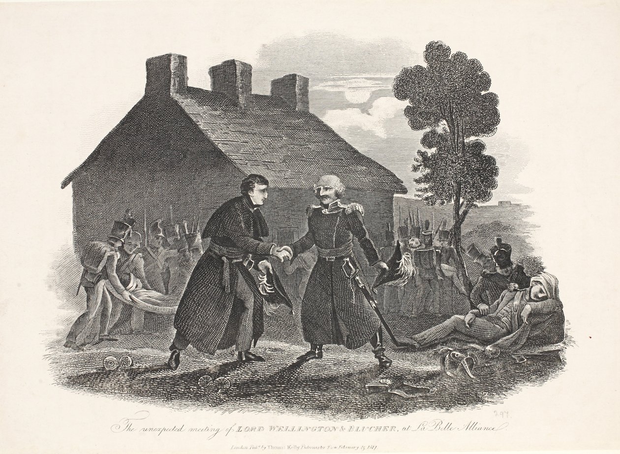 Det uventede møtet mellom Lord Wellington og Blucher på La Belle Alliance, pub. T Kelly, 1811 av English School