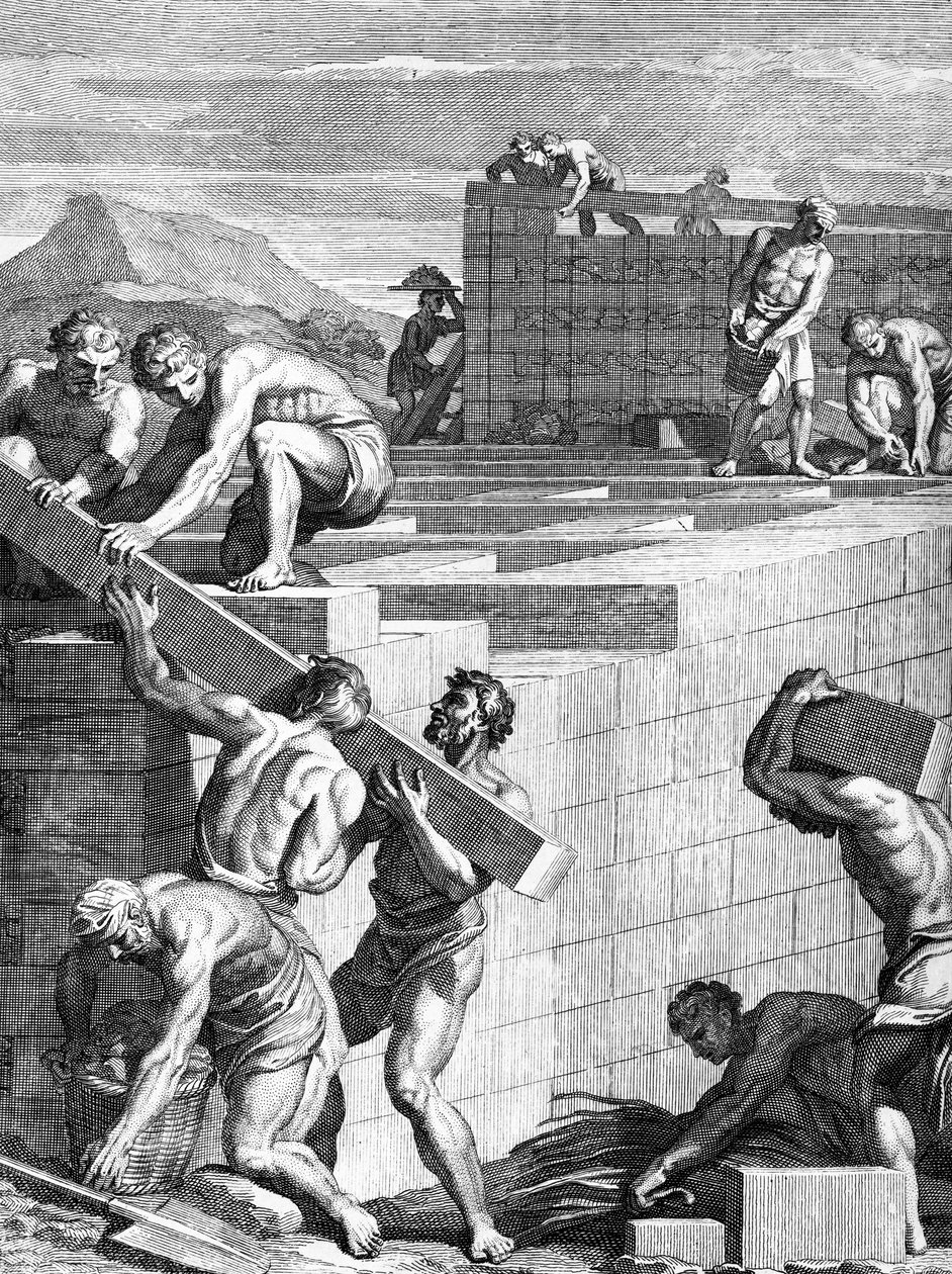 Murene til byer blant gallerne er bygget av alternative lag av steiner og bjelker, gravert av Cornelis Huyberts, illustrasjon til Caesars Commentaries oversatt til engelsk av William Duncan, av English School