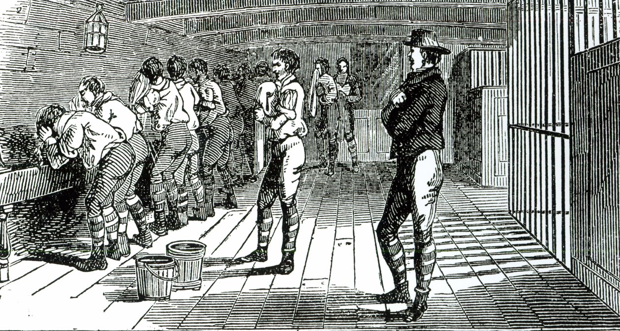 Vaskerommet under dekk - fordømte fagforeningsfolk blir fraktet til Australia, illustrert i The Martyrs of Tolpuddle, utgitt av Trades Union Congress, 1834 av English School