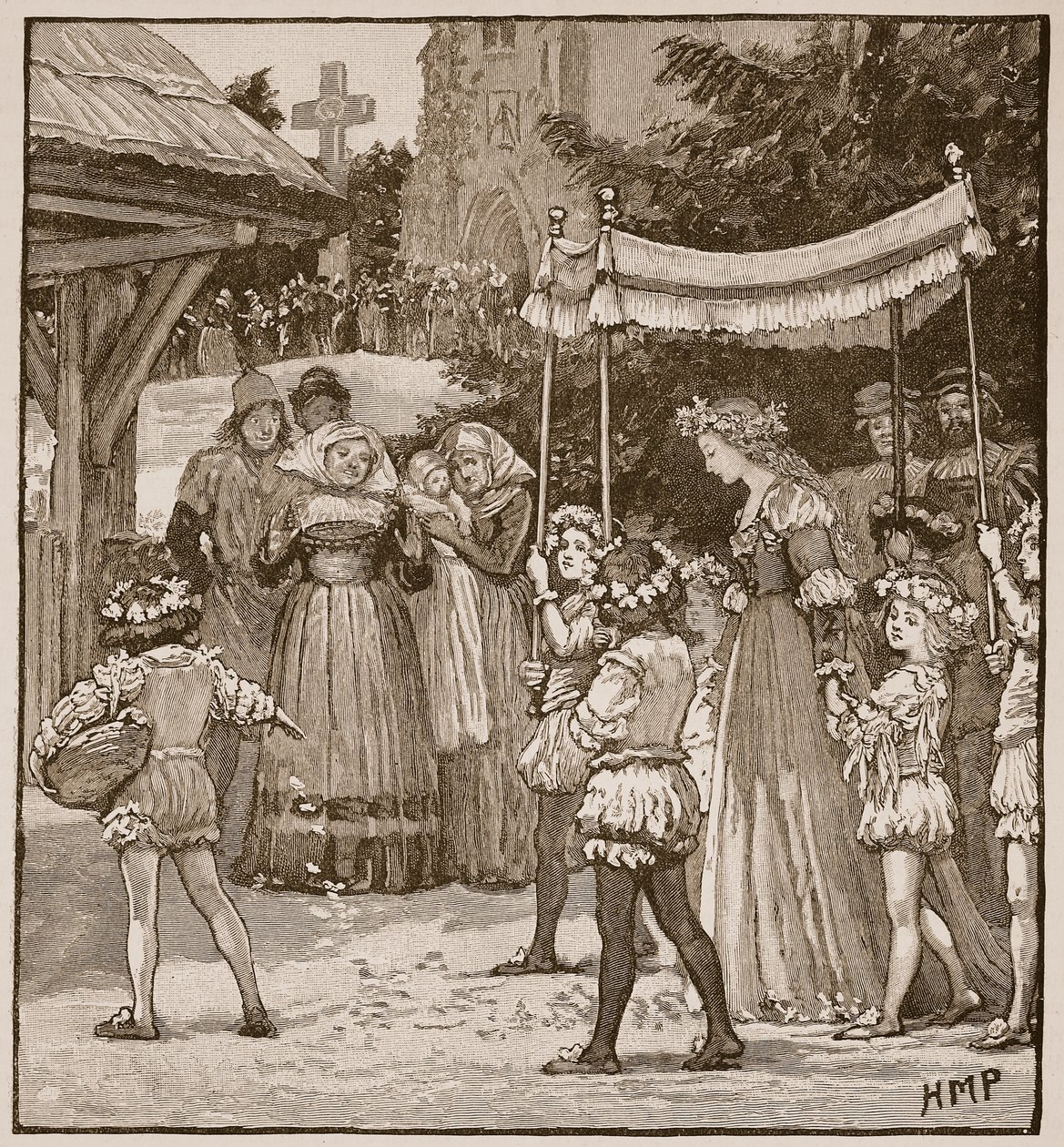 Bryllupet til Jack of Newbury: the Brides procession, illustrasjon fra Cassells Illustrated History of England (sepia-bilde) av English School