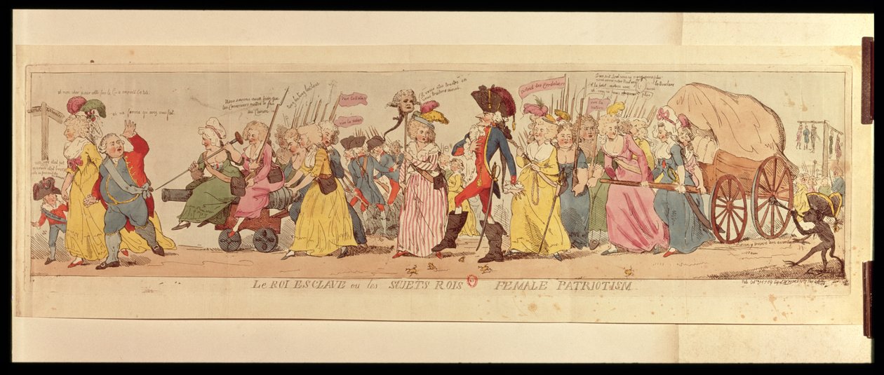 Kvinnene i Les Halles tar Louis XVI (1754-93) fra Versailles, utgitt av S.W. Fores, 1789 (håndfarget gravering) av English School