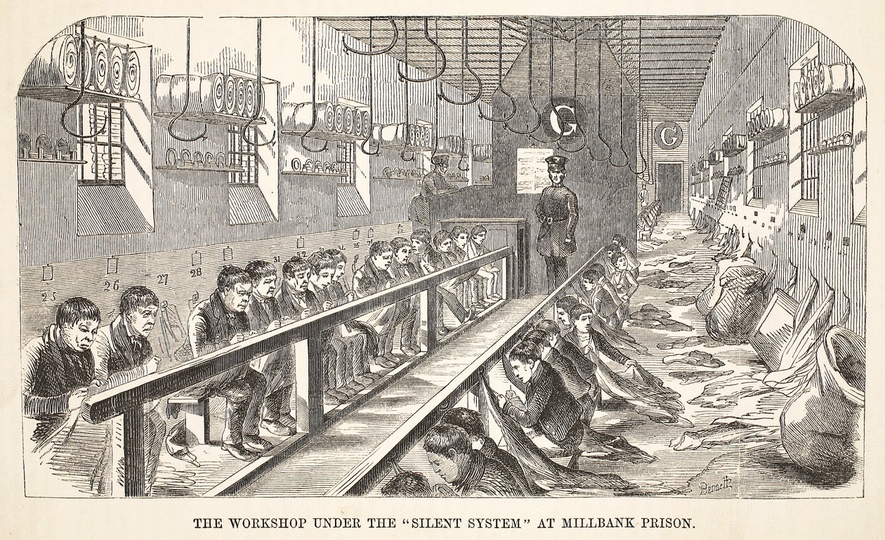 Verkstedet under Silent System i Millbank Prison, illustrasjon fra The Criminal Prisons of London og Scenes from Prison Life av Henry Mayhew og John Binny, pub. 1862 av English School