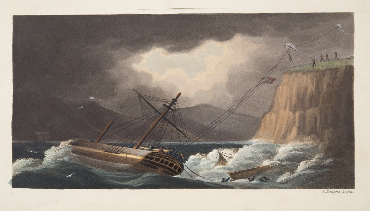 "Things trieded yet" , Milton, detalj fra frontispice fra "The Aeropleustic Art, or Navigation in the Air, by the Use of Kites, or Buoyant Sails, pub. 1827 (håndfarget akvatint) av English School